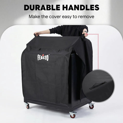 36 Inch Outdoor Prep Table Cover For Grill Island Setup And Kitchen Island All Weather Waterproof 600D Cart Cover With Roll Up Zippered Door Fits Outdoor Storage Cabinets Black with durable handles shown.