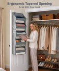 Five Tier Over The Door Hanging Storage Rack With Super Deep Pockets Absolute Game Changer For Cramped Dorm Rooms And RVs, Grey, mounted on a door with towels