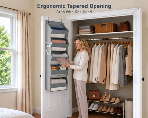 Five Tier Over The Door Hanging Storage Rack With Super Deep Pockets Absolute Game Changer For Cramped Dorm Rooms And RVs, Grey, mounted on a door with towels
