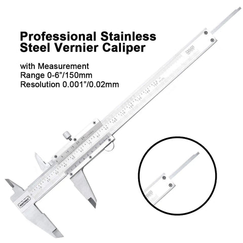 Pro Grade Vernier Caliper Measuring Tool In Stainless Steel, 6 Inch (150 mm) with measurement details