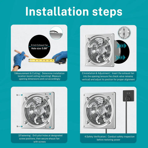 Installation steps for 6 Inch Exhaust Fan That Rocks For Kitchen Attic Shop Garage With Damper 308 CFM At 38W Power Cord Included.