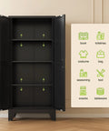 61 Inch Tall Farmhouse Metal Pantry Cabinet With Two Barn Doors And Adjustable Shelves Built To Last Heavy Duty Steel Kitchen Storage Cabinet For Pantry Laundry Room Home Office And Kids Room In Black Finish with open doors showing interior shelves
