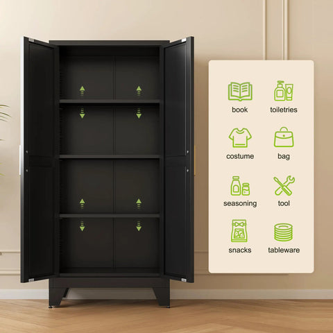 61 Inch Tall Farmhouse Metal Pantry Cabinet With Two Barn Doors And Adjustable Shelves Built To Last Heavy Duty Steel Kitchen Storage Cabinet For Pantry Laundry Room Home Office And Kids Room In Black Finish with open doors showing interior shelves