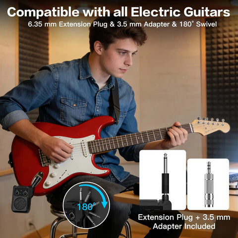 Musician using Pocket Sized 5W Mini Guitar Amp With Bluetooth And USB Playback Four Built In Effects Clean Overdrive Distortion Reverb