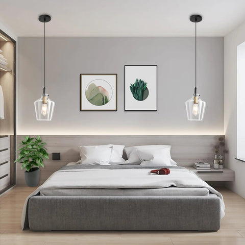 Modern Black And Gold Glass Pendant Light 2 Pack With Adjustable Height Cord For Kitchen Island Clear Round Shade E26 Socket straight up in stylish bedroom.