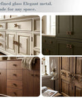 Collage showing Six Pack Butterfly Brass Cabinet Knobs on various cabinetry in different finishes and styles.