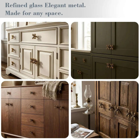Collage showing Six Pack Butterfly Brass Cabinet Knobs on various cabinetry in different finishes and styles.