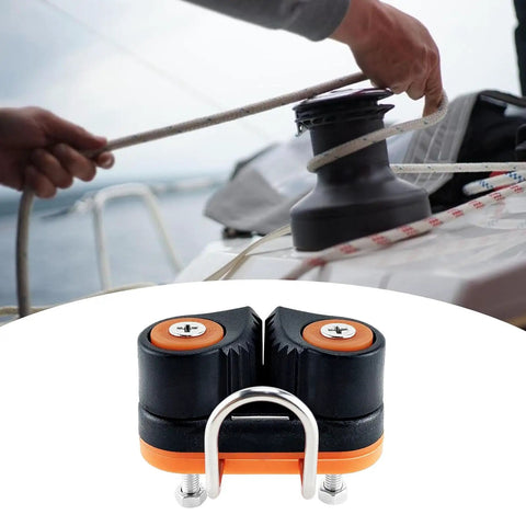 Quick Release Rope Clamp For Kayak Rigging And Marine Gear With Auto Locking Cam Cleat One Hand Tensioning Tool in use on a boat