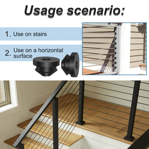 Cable Railing Kit Rubber Grommets Dope Protector Sleeve Black One Eighth Inch Post Protectors shown on indoor stairs and outdoor deck