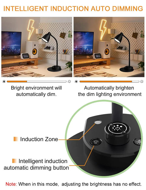 Eye Friendly LED Desk Lamp With USB Charging Port, 3 Color Temps, Dimmable Reading Light, Smart Auto Dim With Motion, Flexible Neck For Desk Or Nightstand, Energy Saving 56 LED Beads, AC Adapter Included