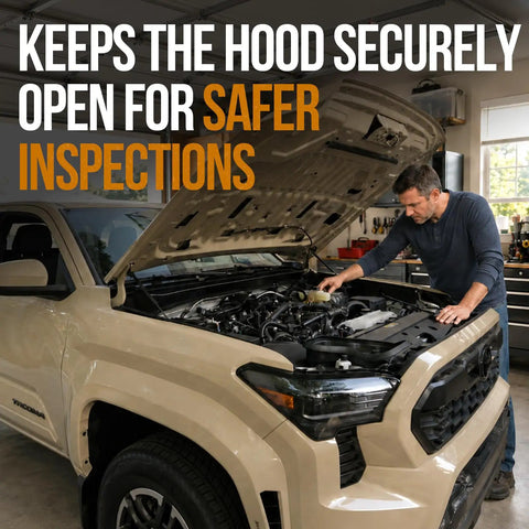 Heavy Duty Gas Hood Struts For Slick One Hand Lift Replacing Factory Prop Rod Rapid Under Hood Access For Toyota Tacoma 2024 To 2026 And 4Runner Models Badass Build No Sweat in a garage with a man inspecting the engine.