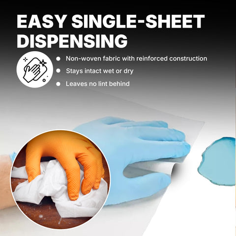 Hand holding Prep Wipe White Lint Free Cleaning Towels 300 Sheets 10 by 14 Inches Industrial Grade for heavy duty cleaning