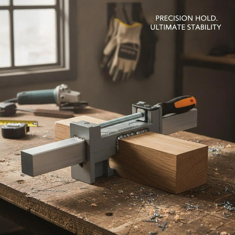 Heavy Duty 90 Degree Corner Clamp For Wood And Metal Fab, single-handle tool securing wood at right angles on workbench.