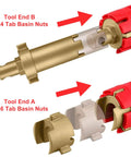 8 In 1 Faucet And Sink Installer Wrench For Plumbing Repairs showing tool ends for various tab basin nuts, red handle, aluminum inserts.
