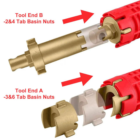 8 In 1 Faucet And Sink Installer Wrench For Plumbing Repairs showing tool ends for various tab basin nuts, red handle, aluminum inserts.