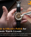 Using Plastic Watch Scratch Remover Polish With Microfiber Cloth on watch crystal surface, demonstrating quick gentle scratch removal.