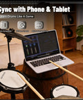 Silent Electronic Drum Set For Adults And Beginners Complete Mesh Pad Kit With USB MIDI connected to laptop in living room.