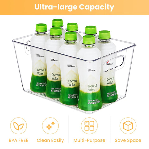 Straight Fire Kitchen Organization To Keep The Mess Tight With This Six Pack Of Large Clear Pantry Bins Boasting Heavy Duty Handles For Fridge Cabinet Freezer Sorting with coconut water bottles stacked.