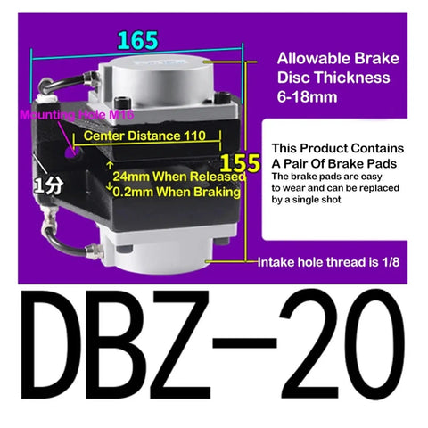 Diagram of Pneumatic Large Air Pressure Disc Brake System with DBZ20 Brake Cylinder measurements and details.
