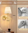 Wireless Rechargeable Wall Sconce Set Of Two Featuring Smart Remote Control Zero Wire Drama Totally Hassle Free Install And Super Versatile Mood Lighting For Any Bedroom Or Hallway, 13-inch height, 7.9-inch width, gold finish.