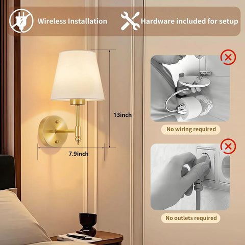 Wireless Rechargeable Wall Sconce Set Of Two Featuring Smart Remote Control Zero Wire Drama Totally Hassle Free Install And Super Versatile Mood Lighting For Any Bedroom Or Hallway, 13-inch height, 7.9-inch width, gold finish.