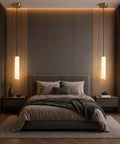 Omgomne Natural Spanish Alabaster Pendant Light 11.8 inch above a modern bed with textured bedding in a cozy bedroom.