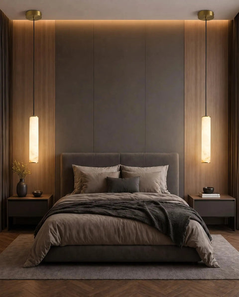 Omgomne Natural Spanish Alabaster Pendant Light 11.8 inch above a modern bed with textured bedding in a cozy bedroom.