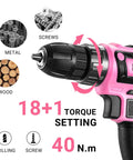 Close-up of Pink Cordless Drill Kit With Battery And Charger, 20V Electric Power Drill For Women showing 18+1 torque settings and materials