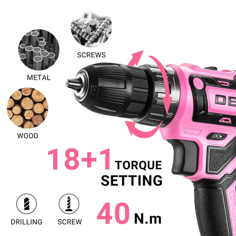 Close-up of Pink Cordless Drill Kit With Battery And Charger, 20V Electric Power Drill For Women showing 18+1 torque settings and materials