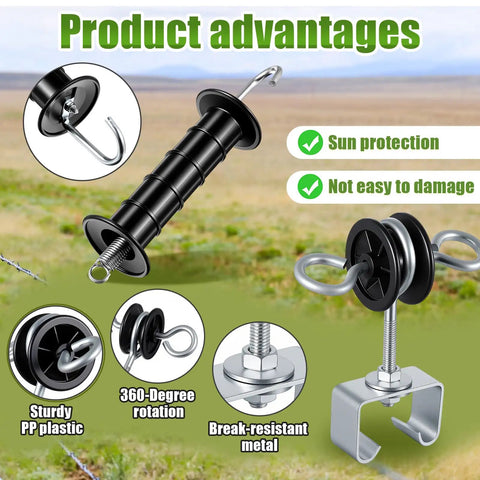 Spring Loaded Electric Fence Gate Handle Kit With T Post Insulators And Double Hook Set Plastic Post Anchors Beefy Heavy Duty Outdoor Wire Fence Accessories 9 Piece Bulk Pack For Garden Farm Wood Fences showcasing product features like sun protection and durability.