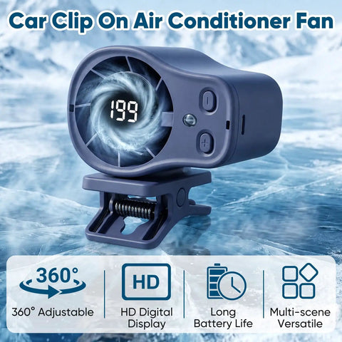 Clip On Car Fan With LED Display 360 Degree Rotation 199 Speeds High Velocity USB Rechargeable Personal Cooling Fan