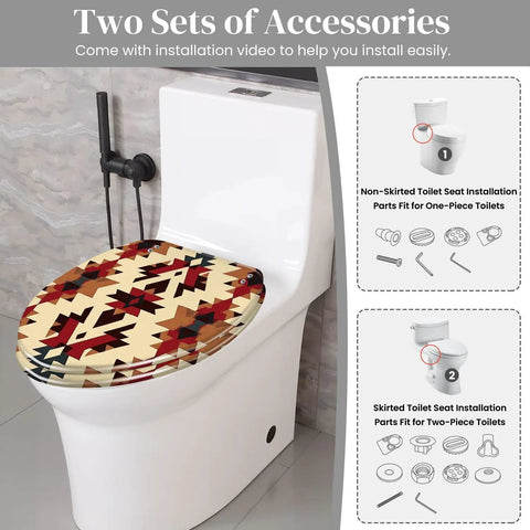 Elongated Resin Toilet Seat for Bathroom with tribal pattern installed on a modern toilet, showing installation accessories.