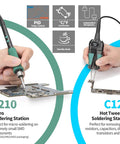 Hands using All-In-One Micro Soldering And Hot Air Rework Station with Microsoldering Iron and Hot Tweezers for SMD components.