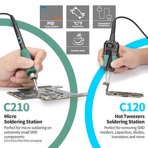 Hands using All-In-One Micro Soldering And Hot Air Rework Station with Microsoldering Iron and Hot Tweezers for SMD components.