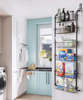 Six Tier Over The Door Pantry Organizer Rock Solid Metal Hanging Kitchen Basket displaying cleaning supplies and laundry items.
