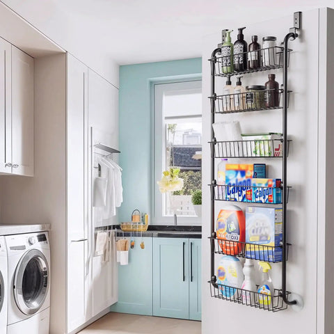 Six Tier Over The Door Pantry Organizer Rock Solid Metal Hanging Kitchen Basket displaying cleaning supplies and laundry items.