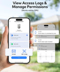 Satin Nickel Smart Keypad Door Lock With Handle Dropping No Sweat Keyless Entry displayed on smartphone app for managing access.