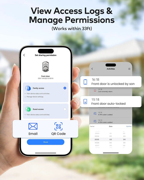 Satin Nickel Smart Keypad Door Lock With Handle Dropping No Sweat Keyless Entry displayed on smartphone app for managing access.