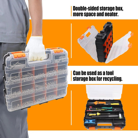 Plastic double-sided organizer box for 2002 PC Hardware Assortment Kit with SAE and Metric stainless steel screws and more.
