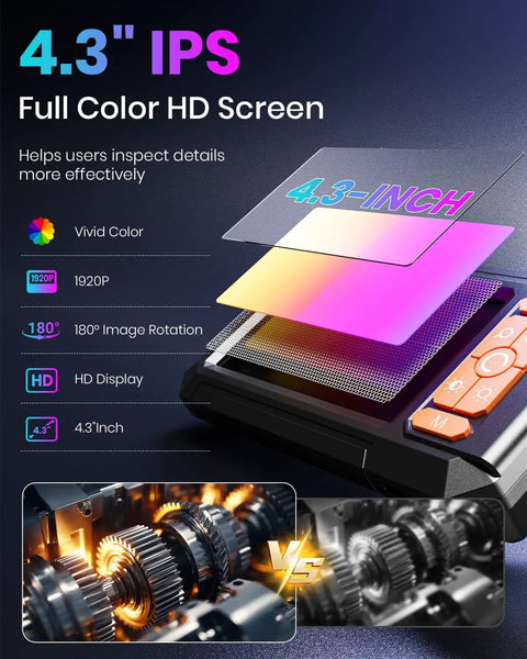 Lighted Camera For Tight Inspections With 4.3 Inch IPS Screen Borescope Visual Inspection Tool Delivers Real Time 1080p HD Video 180 Degree Rotation Contrast Adjust Easy Access In Narrow Spaces, 4.3-inch IPS display