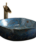 Vintage Hand Painted Blue Ceramic Vessel Sink Top Shelf Slick Gloss Finish No Hassle Easy Clean Single Basin Vanity Washbasin Complete Faucet Kit Ready To Roll with floral design and faucet.