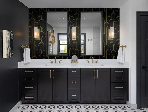 Black And Gold Dope Geometric Peel And Stick Wallpaper For Bedroom Modern Removable Self Adhesive Wall Covering Waterproof Vinyl 17.3 By 118.7 Inches Decorative Peel And Stick Vinyl For Walls Durable Finish Easy Install in a bathroom setting