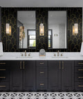 Black And Gold Peel And Stick Wallpaper With Modern Geometric Design For Bedroom And Bathroom Cabinets Removable Self Adhesive Vinyl Contact Paper Waterproof Stick And Go 17.3 By 393.7 Inches 47.3 Sq Ft Easy Peel And Install, featured in a stylish bathroom setup.