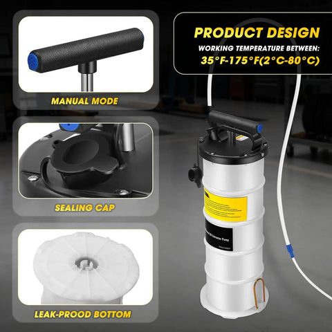 Versatile 6.5L Oil Extractor Pump with dual pneumatic and manual modes, product design features and components.
