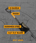 Heavy Duty Square Shovel With 27 And A Half Inch Steel Blade And Wood Handle 45 HRC Hardness Knurled D Handle 8 Inch By 6 Inch Scoop