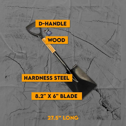 Heavy Duty Square Shovel With 27 And A Half Inch Steel Blade And Wood Handle 45 HRC Hardness Knurled D Handle 8 Inch By 6 Inch Scoop