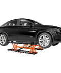 Heavy Duty Portable Car Lift For Home Garage Shop With Hella Tough Carbon Steel Construction And Dual Safety Locks Easily Raises Sedans And Light Trucks Up To Five Thousand Pounds Smoothly with a black SUV elevated.