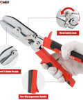 Two Piece Sheet Metal Hand Seamers With Five Blade Pipe Crimper And Six Inch Straight Jaw Bender Built To Last With Tough As Nails Ergonomic Handle for tight spaces, shown with metal safety lock and ergonomic handle.