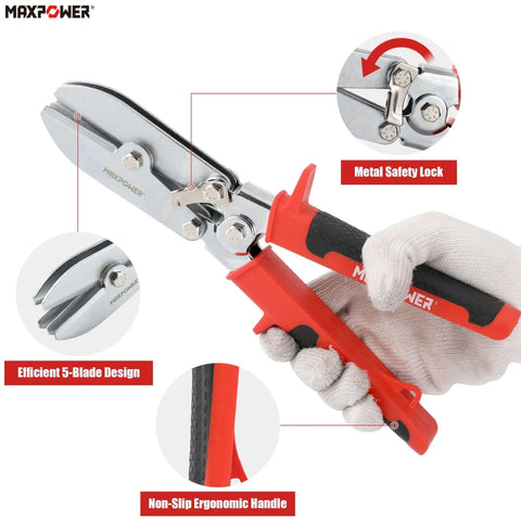 5-Blade Sheet Metal Crimper Hand Tool For Ductwork And Stove Pipe, showing ergonomic handle and metal safety lock detail