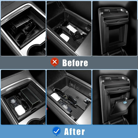 Before and after view of Tesla Model Y Center Console Organizer Tray Five Piece Set For 2021 To 2024 Armrest Hidden Drawer Storage.